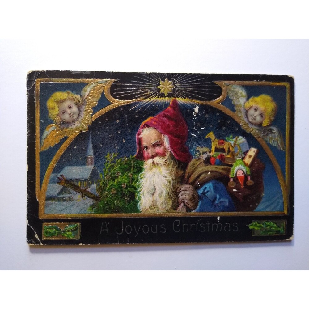 Antique 1912 Santa Claus Angels Glitter Christmas Postcard German Art Xmas Tree